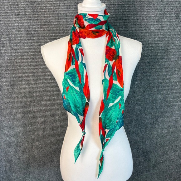 Liz Claiborne Accessories - Vintage Liz Claiborne 100% Silk Tropical Floral Scarf Red Green Botanical 1989